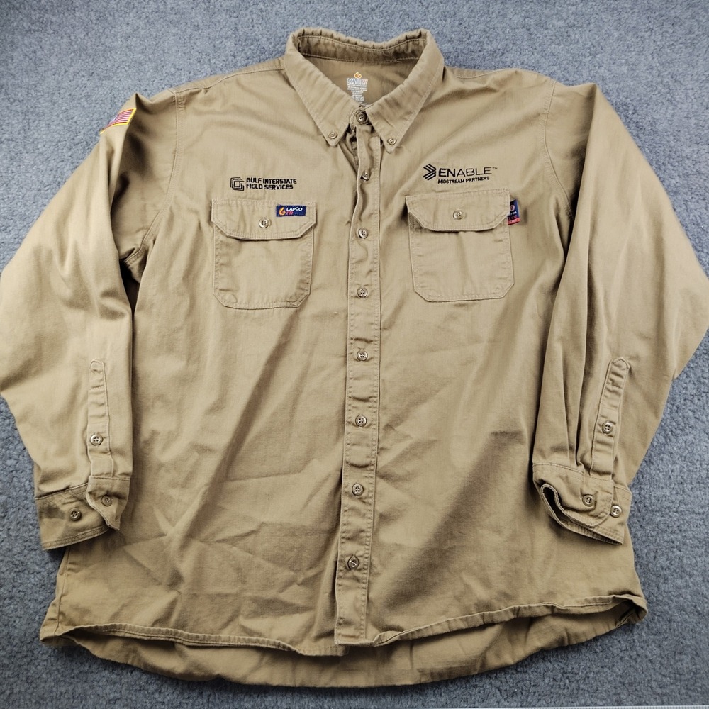 LAPCO FR Work Shirt Button Down Mens 2XL Khaki Flame Resistant CAT2 EUC